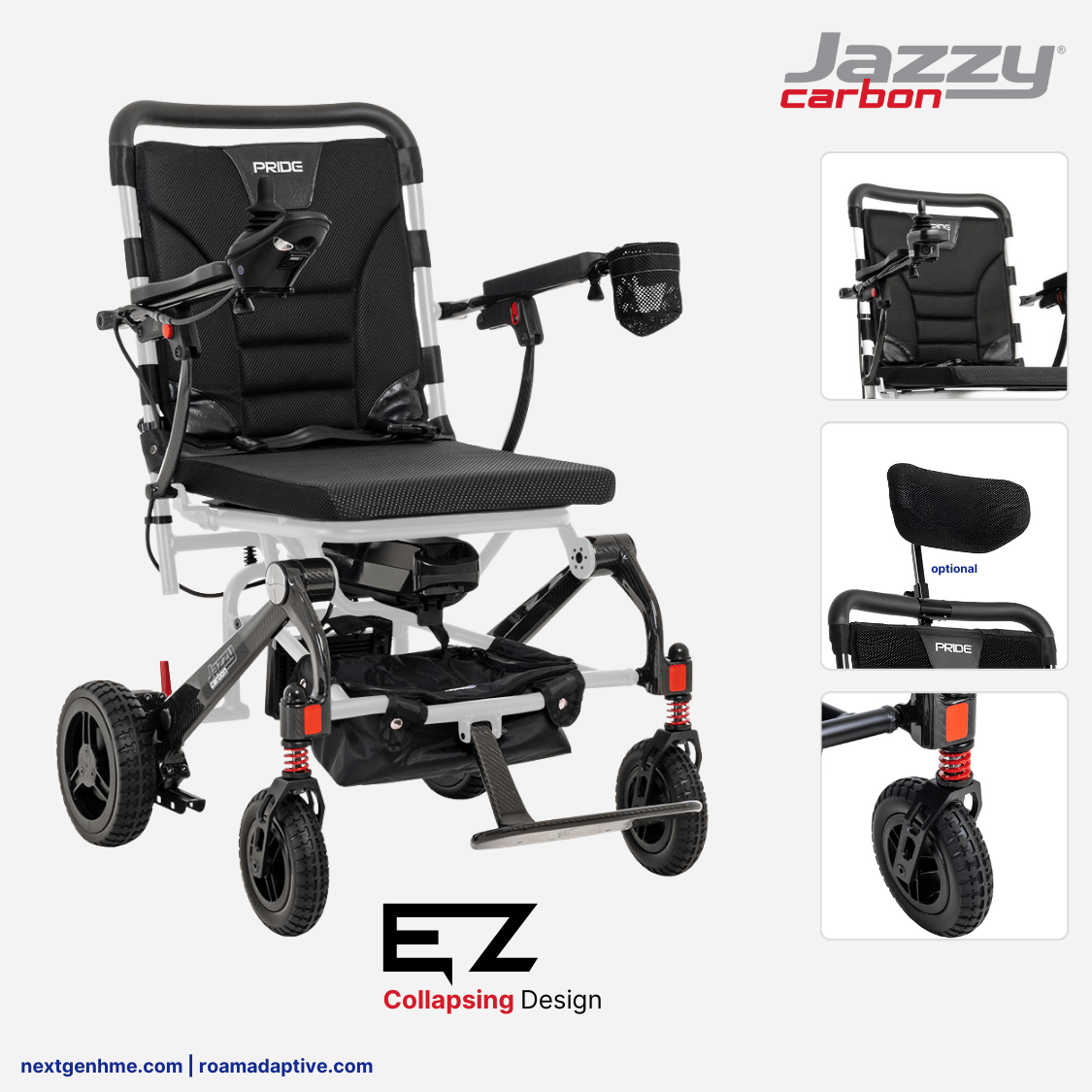 Pride Jazzy Carbon Portable Power Wheelchair, Ultralight, folding design - NextGen HME