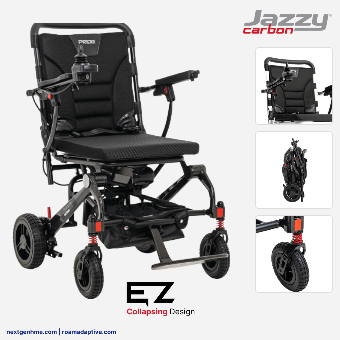 Pride Jazzy Carbon Portable Power Wheelchair, Ultralight, folding design - NextGen HME