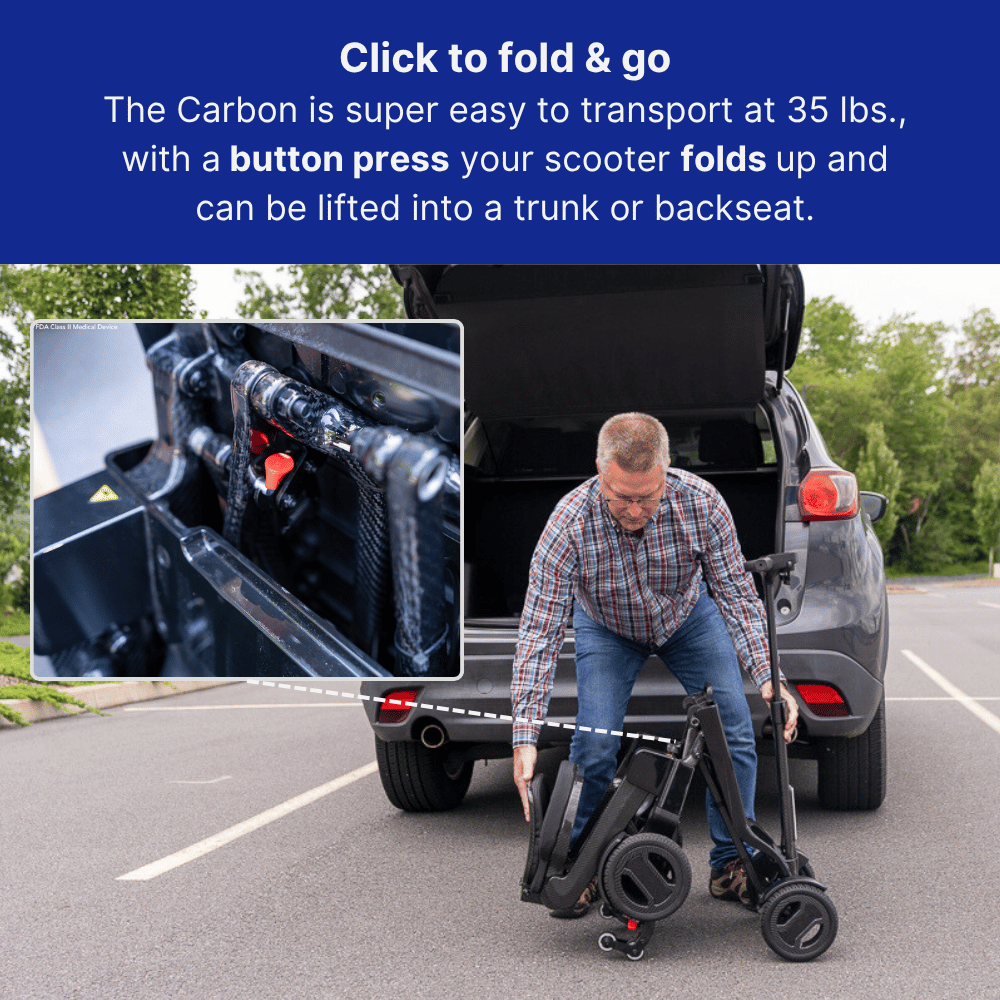 Pride Mobility Go Go Carbon Portable Power Scooter, ultra light and strong carbon frame - NextGen HME