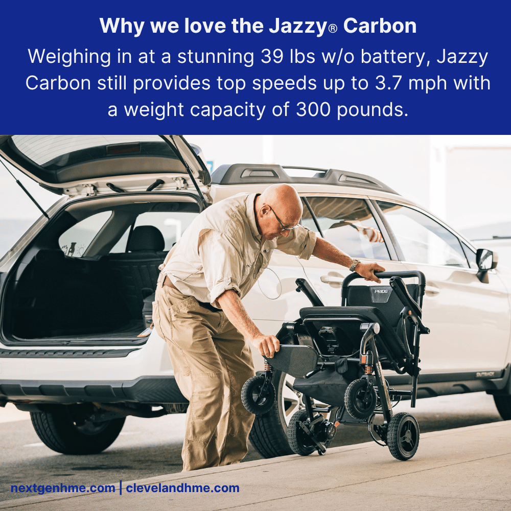 Pride Jazzy Carbon Portable Power Wheelchair, Ultralight, folding design - NextGen HME