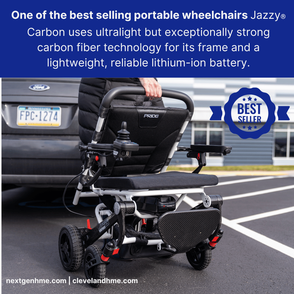 Pride Jazzy Carbon Portable Power Wheelchair, Ultralight, folding design - NextGen HME