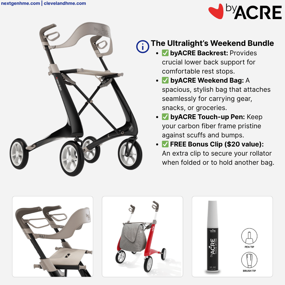 ByAcre Carbon Ultralight Rollator Bundle: Backrest, Weekend Bag, & Touch Up Pen - NextGen HME